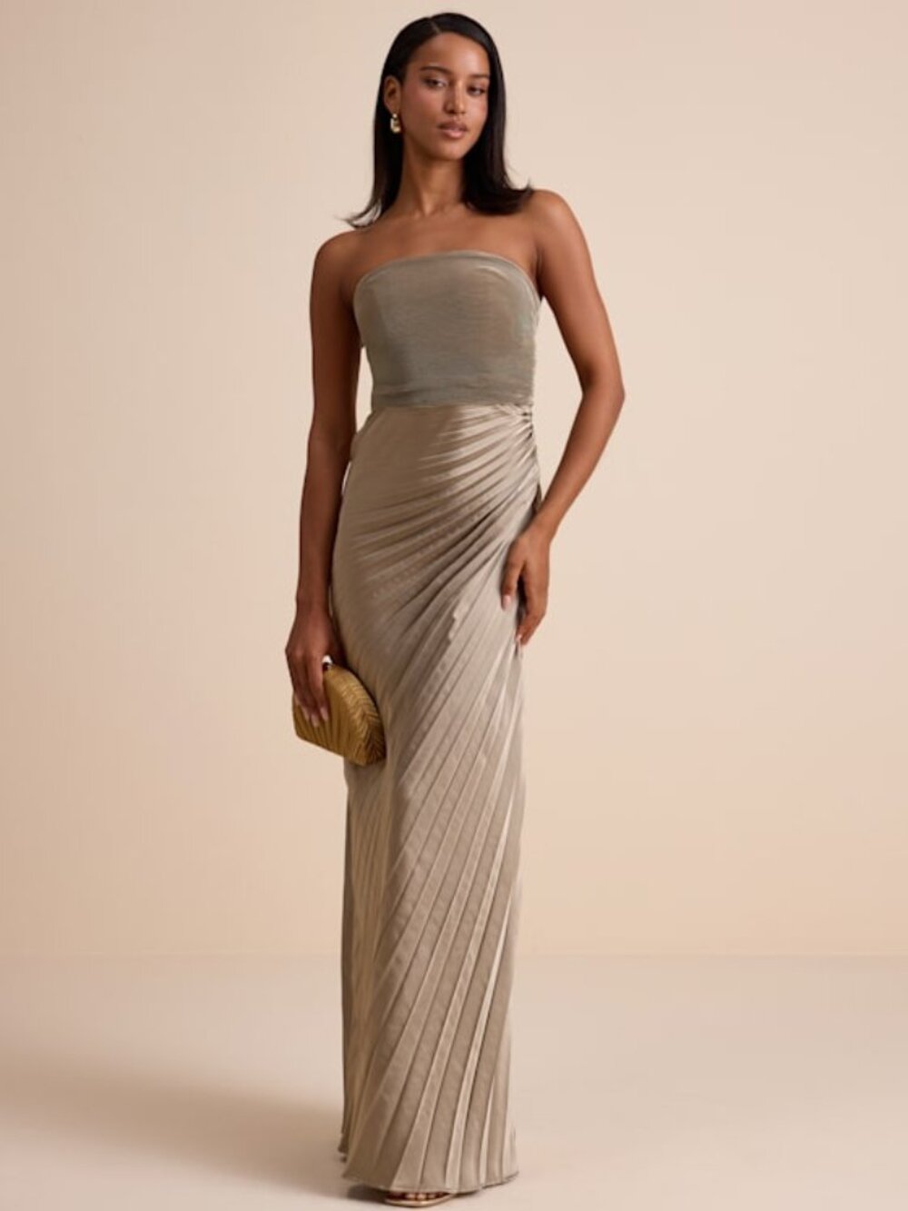 Lulus Nyrah Taupe Satin Pleated Strapless Maxi Dress - Size L